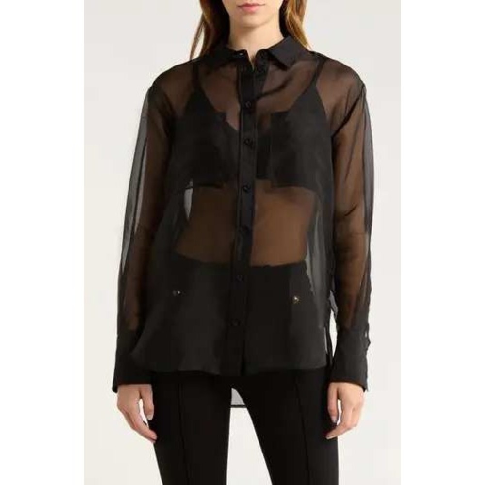 Fashion Classic Sheer Black Shimmer High Low Button Up Blouse Top Womens L